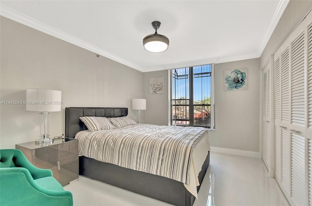 bedroom with light tile patterned flooring and ornamental molding