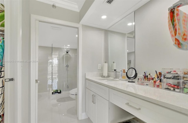 bathroom with ornamental molding, vanity, tile patterned floors, a shower, and toilet