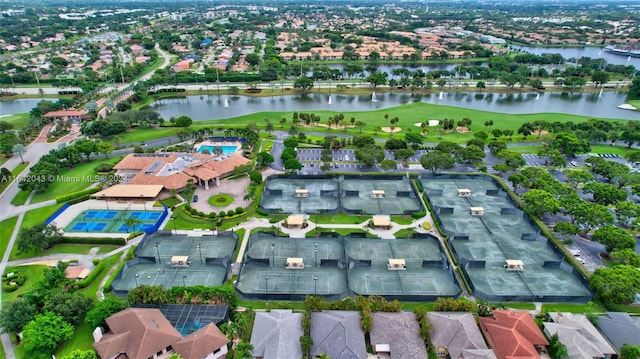 bird's eye view with a water view