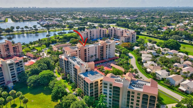 aerial view featuring a water view