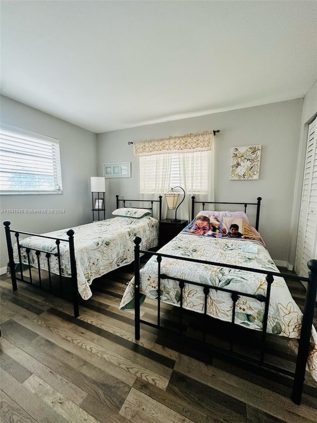 bedroom with hardwood / wood-style floors, a closet, and multiple windows