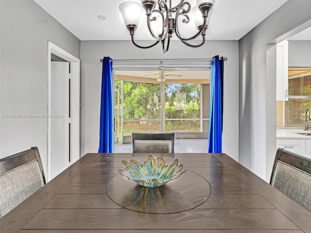 dining room featuring sink and a notable chandelier