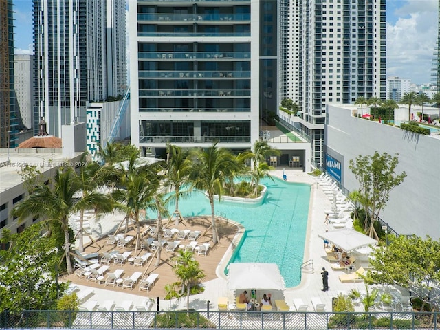 view of swimming pool featuring a patio area