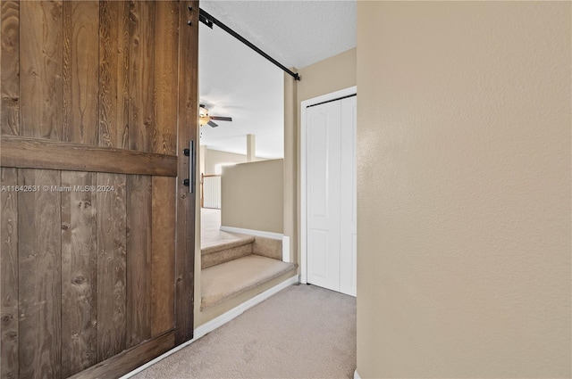 staircase with carpet floors, a textured ceiling, and ceiling fan