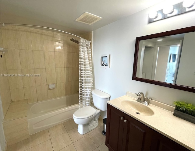 full bathroom with shower / bathtub combination with curtain, vanity, toilet, and tile patterned floors