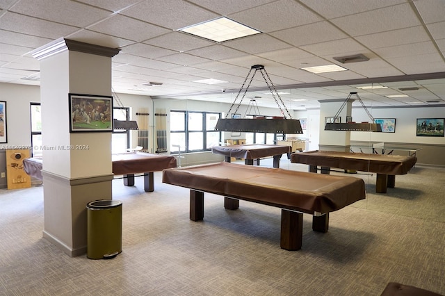 rec room with billiards, a paneled ceiling, and carpet