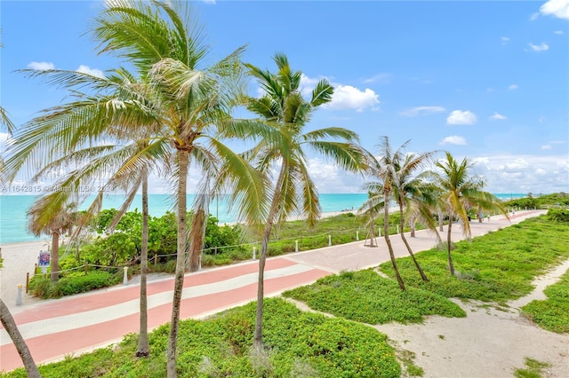 view of community with a water view and a beach view