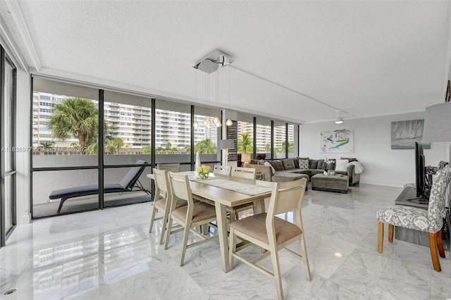 dining space with a textured ceiling and expansive windows