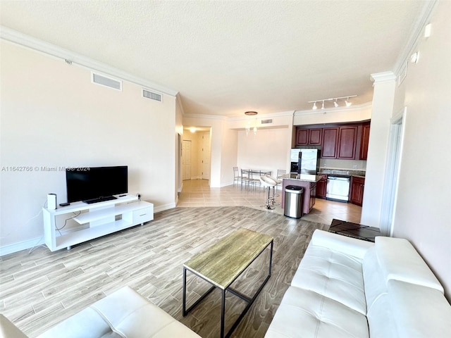 living room with light hardwood / wood-style floors, crown molding, and a textured ceiling