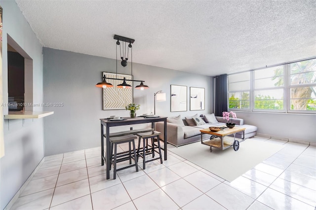 tiled living room with a textured ceiling