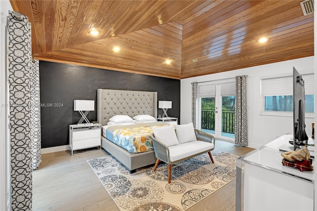 bedroom featuring access to outside, visible vents, wood ceiling, light wood-type flooring, and baseboards