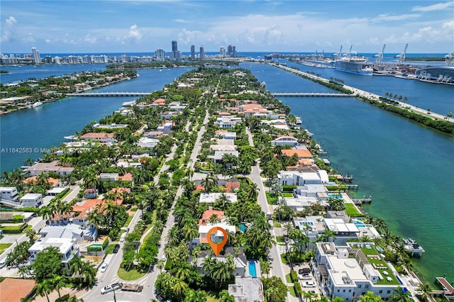 drone / aerial view featuring a view of city and a water view