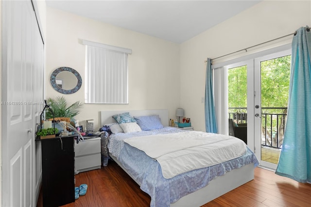 bedroom featuring hardwood / wood-style flooring, french doors, and access to exterior