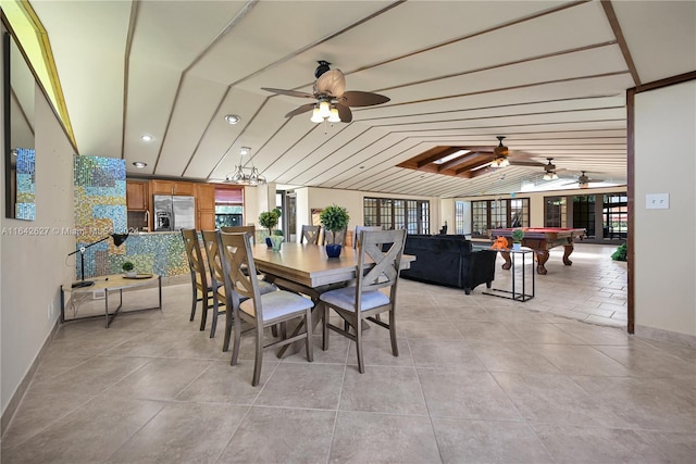 dining space featuring ceiling fan, light tile patterned flooring, pool table, and lofted ceiling