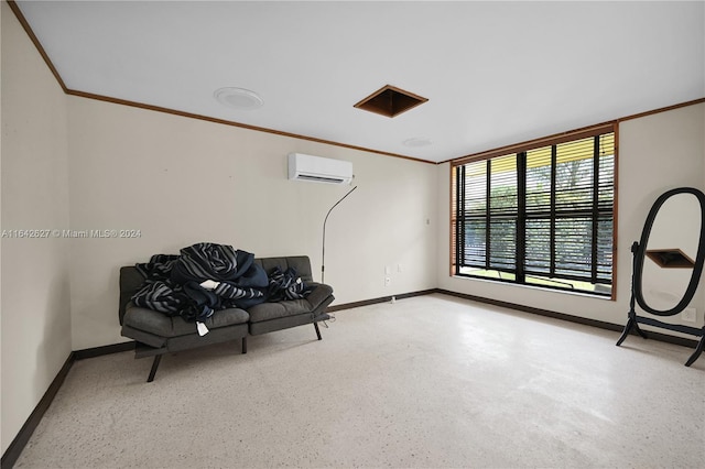 sitting room with ornamental molding and a wall mounted AC