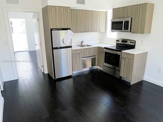 kitchen featuring sink, stainless steel appliances, plenty of natural light, and dark hardwood / wood-style flooring