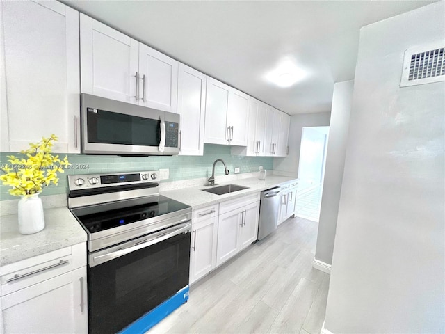 kitchen featuring decorative backsplash, light hardwood / wood-style flooring, white cabinetry, sink, and stainless steel appliances