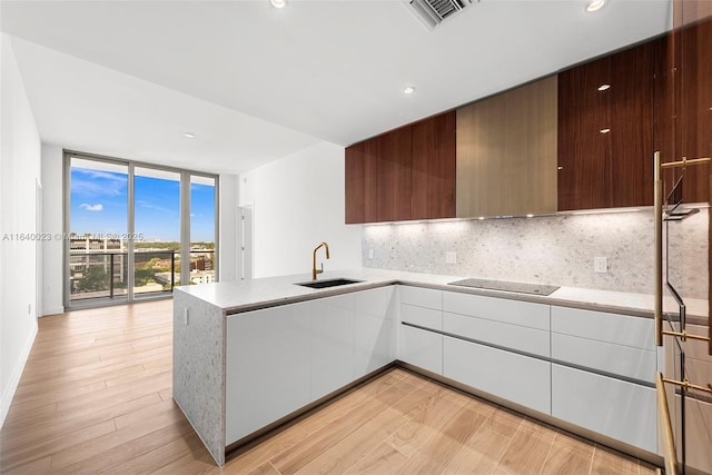 kitchen featuring tasteful backsplash, black electric cooktop, sink, a wall of windows, and white cabinetry