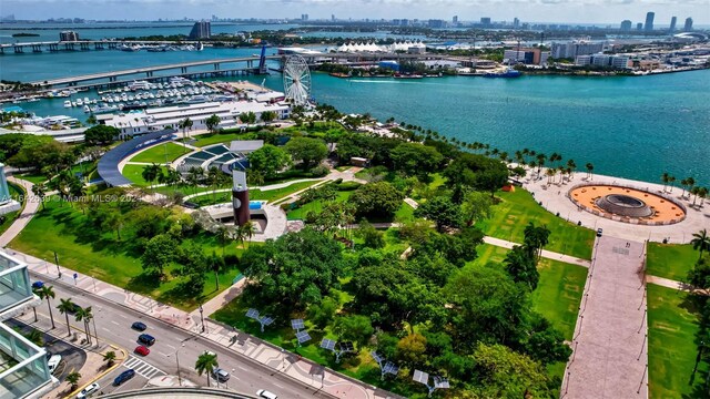 drone / aerial view featuring a water view