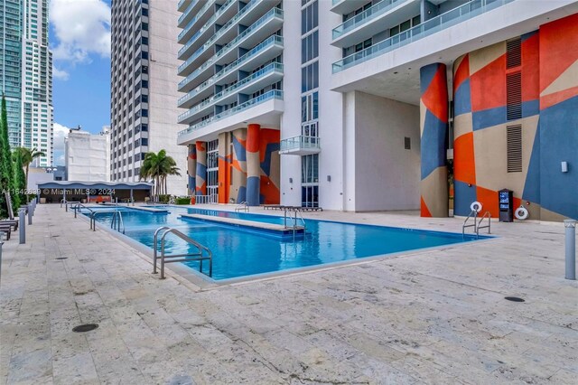 view of swimming pool with a patio area