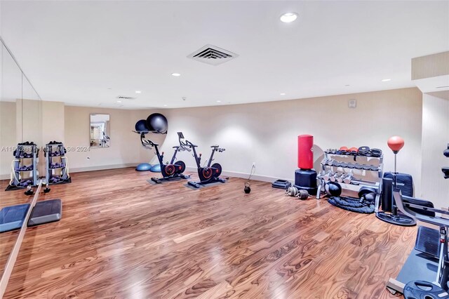 gym featuring light hardwood / wood-style floors