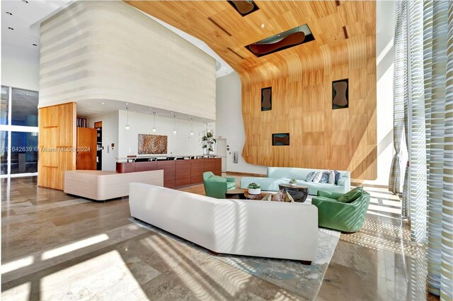 living room featuring a high ceiling