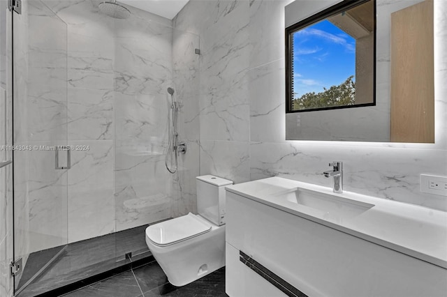 bathroom with tasteful backsplash, tile walls, vanity, an enclosed shower, and toilet