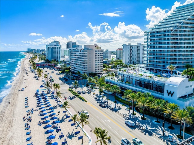 drone / aerial view with a water view and a view of the beach