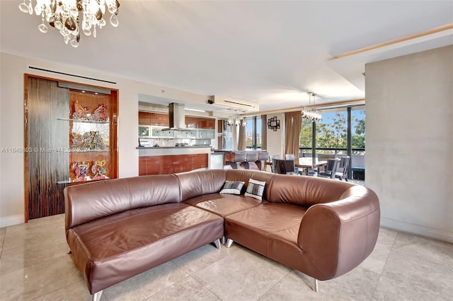 living room featuring an inviting chandelier