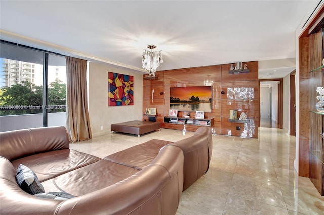 19667 Turnberry Way Unit 3E, Aventura, FL 33180 - living room with wooden walls and an inviting chandelier