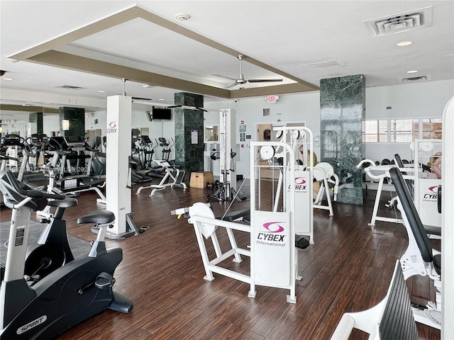 exercise room featuring ceiling fan, a tray ceiling, and wood-type flooring