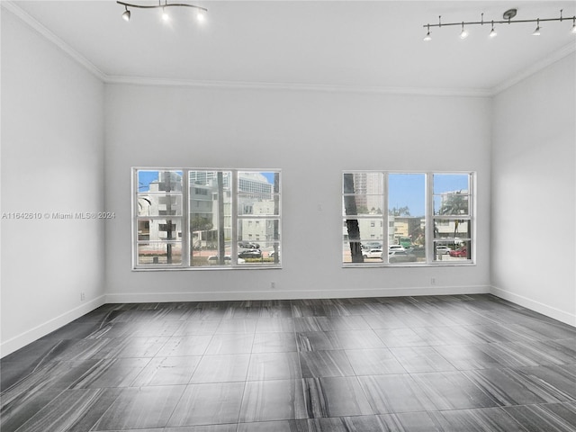 spare room featuring rail lighting, crown molding, and dark tile patterned floors