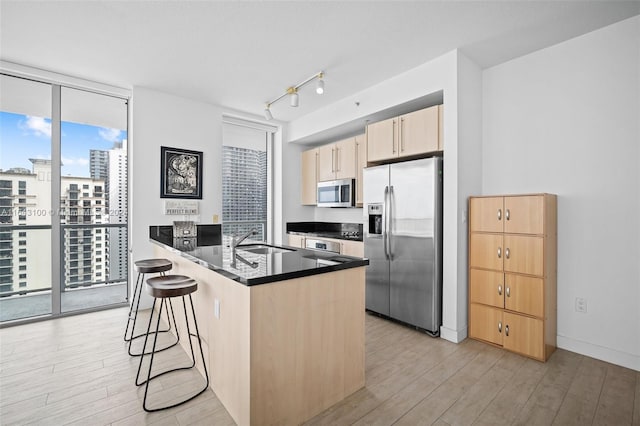 kitchen featuring stainless steel appliances, light hardwood / wood-style floors, and light brown cabinetry