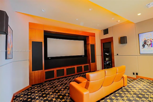 home theater room with recessed lighting, visible vents, and baseboards