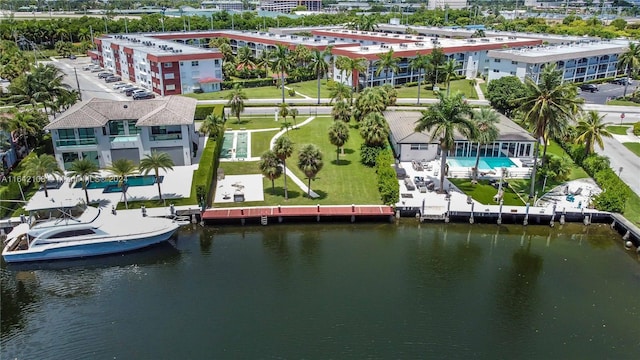 drone / aerial view featuring a water view