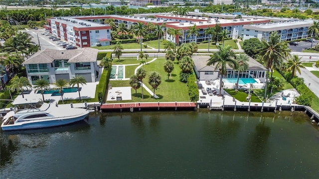 aerial view featuring a water view