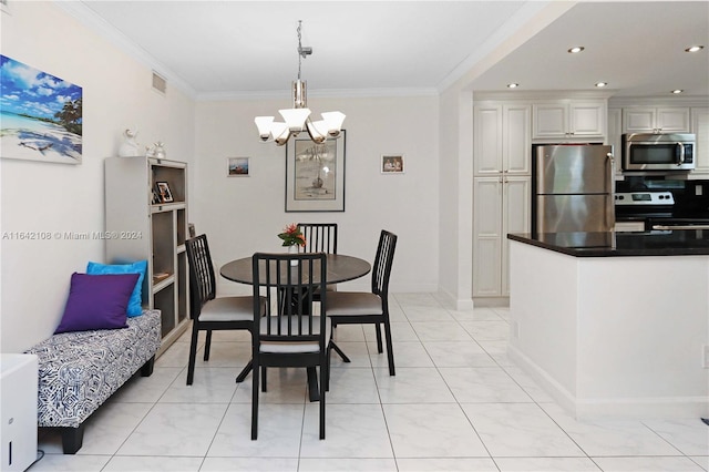 tiled dining space with ornamental molding and a notable chandelier