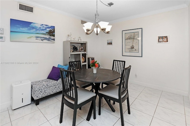 tiled dining room with crown molding and a chandelier