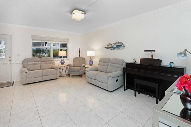 tiled living room featuring ornamental molding