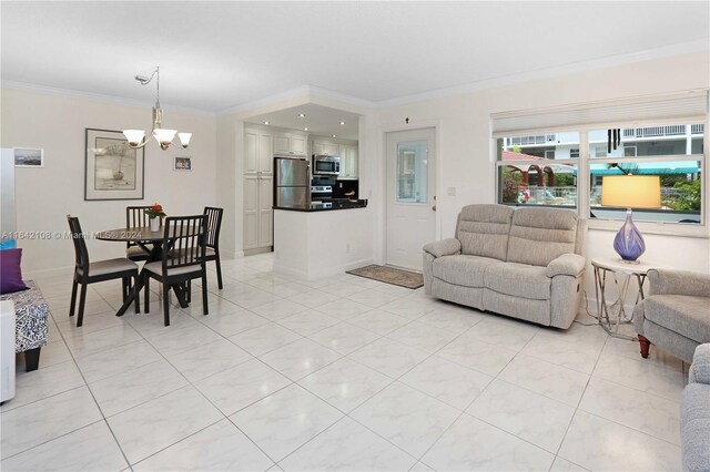 living room featuring crown molding, light tile patterned floors, and an inviting chandelier