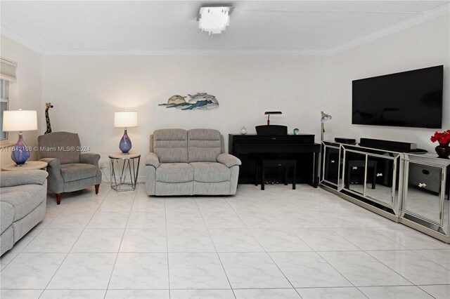 tiled living room with ornamental molding