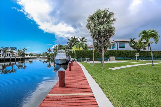 dock area with a water view and a yard