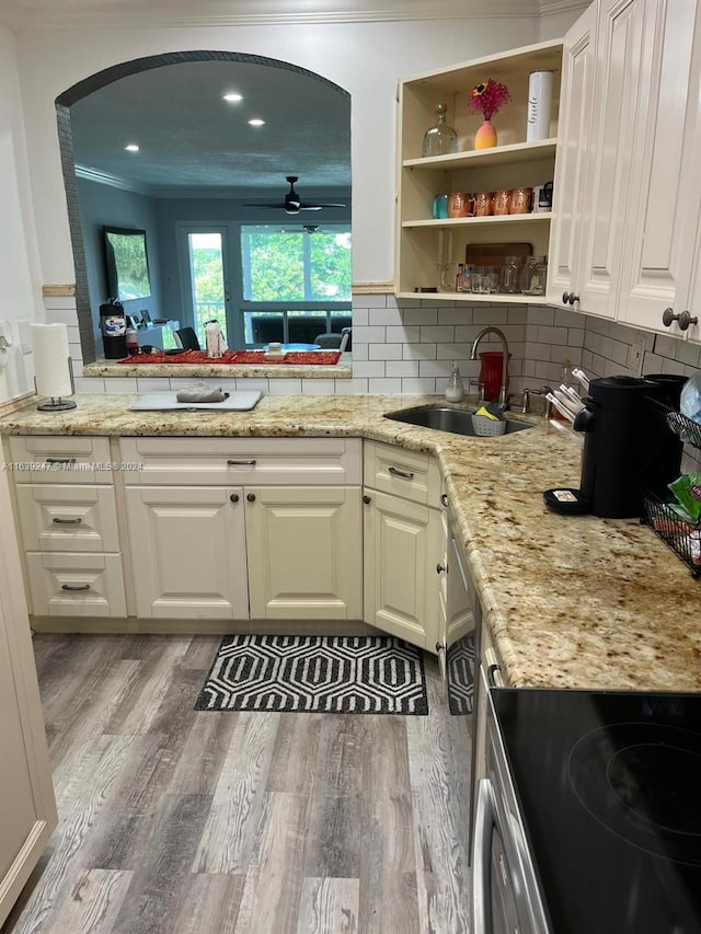 kitchen with tasteful backsplash, light hardwood / wood-style floors, light stone counters, sink, and crown molding