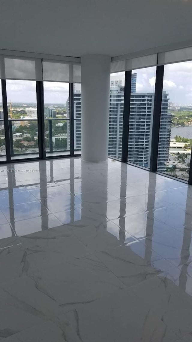 spare room featuring a water view, a healthy amount of sunlight, and expansive windows