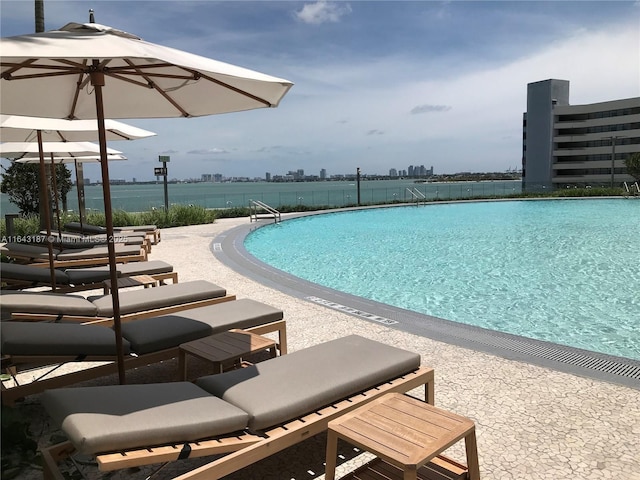 view of pool with a water view