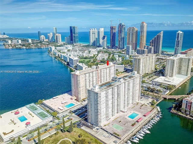 drone / aerial view with a water view