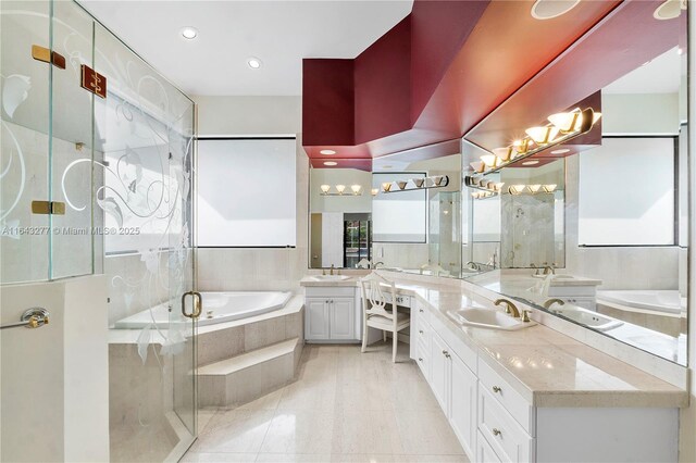 bathroom with tile patterned floors, vanity, and plus walk in shower