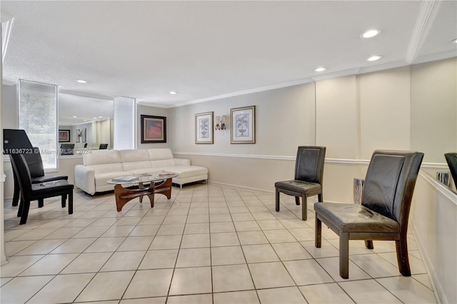 tiled living room with ornamental molding