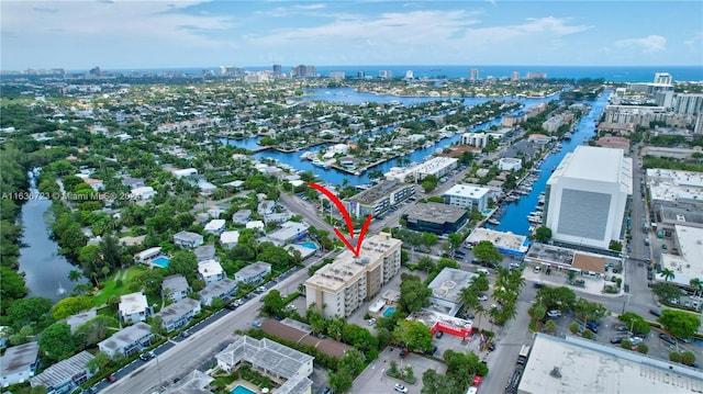 aerial view featuring a water view