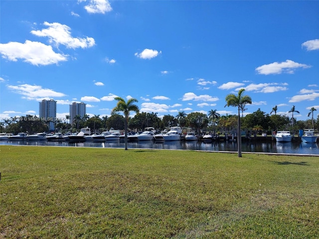 view of community featuring a water view and a yard